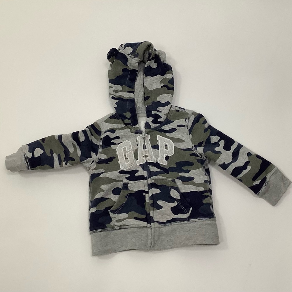 Baby Gap Sweatshirt Hoodie Jacket 12-18m Logo Camouflage Gray Blue Teddy Ears